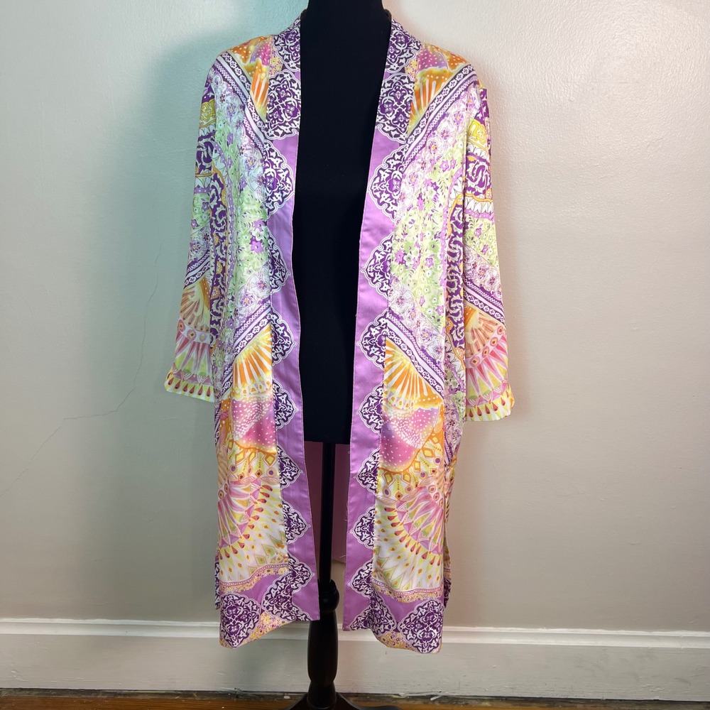 Chico's Kimono Duster 2 (L/12) Purple Orange Paisley Satin Boho Open Front